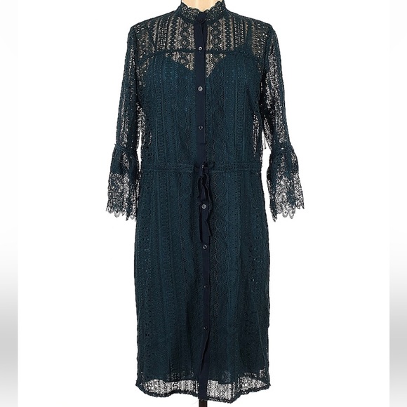 Carlisle Collection Lace Dress &  Slip Dress Set, Button Up, Deep Teal, GORGEOUS - Picture 2 of 16